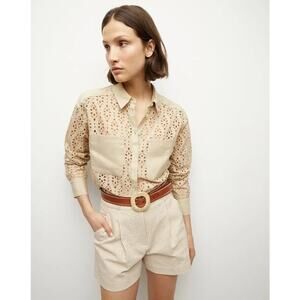 NEW Veronica Beard Aderes Eyelet Cotton Button-up Shirt, Khaki, Size 6